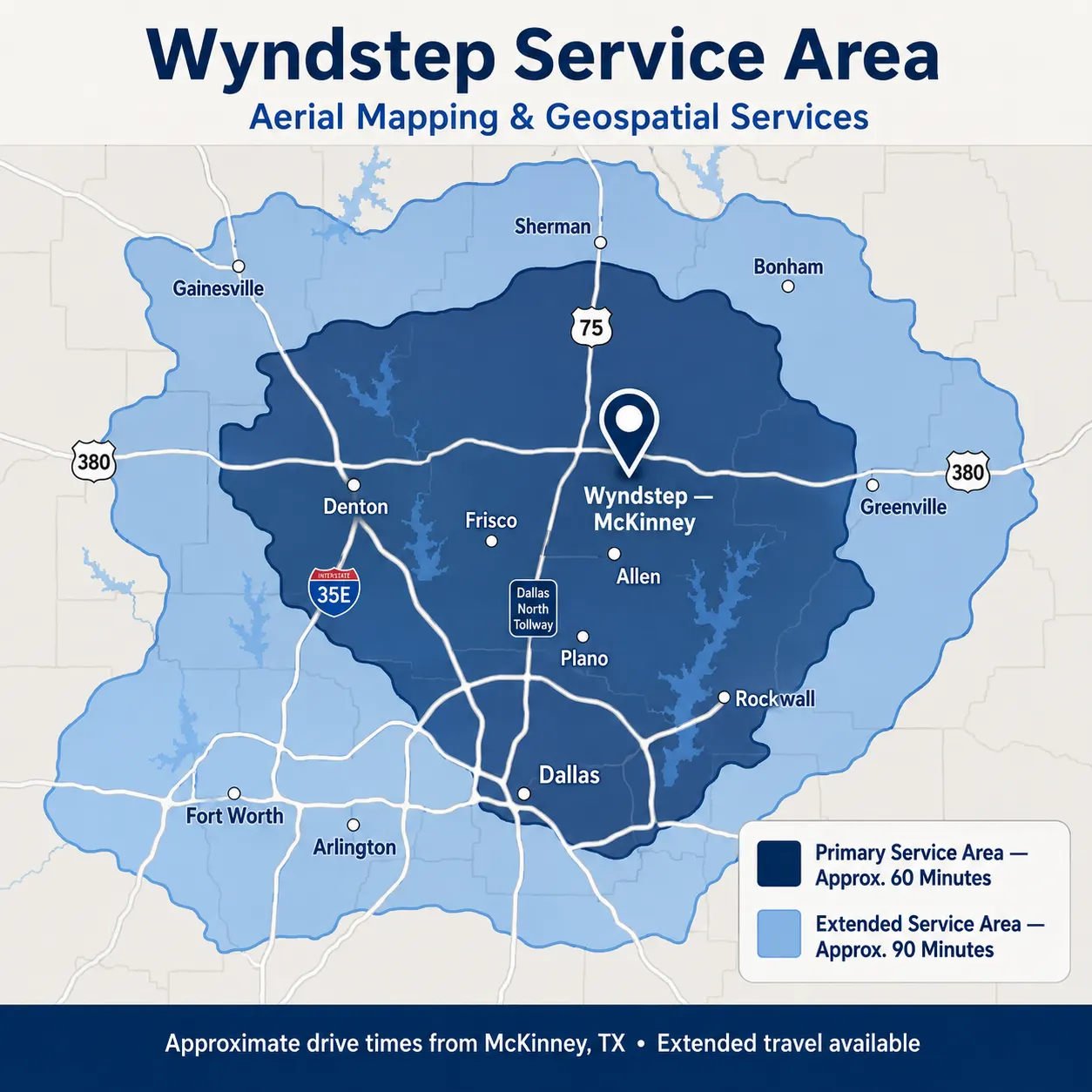 Wyndstep service area map centered on McKinney, Texas — primary coverage within about 60 minutes and extended coverage within about 90 minutes across North Texas