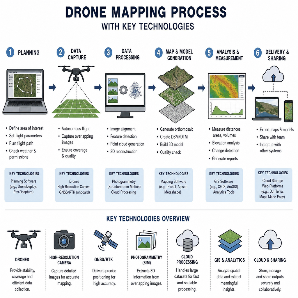 Diagram of drone mapping process with key technologies