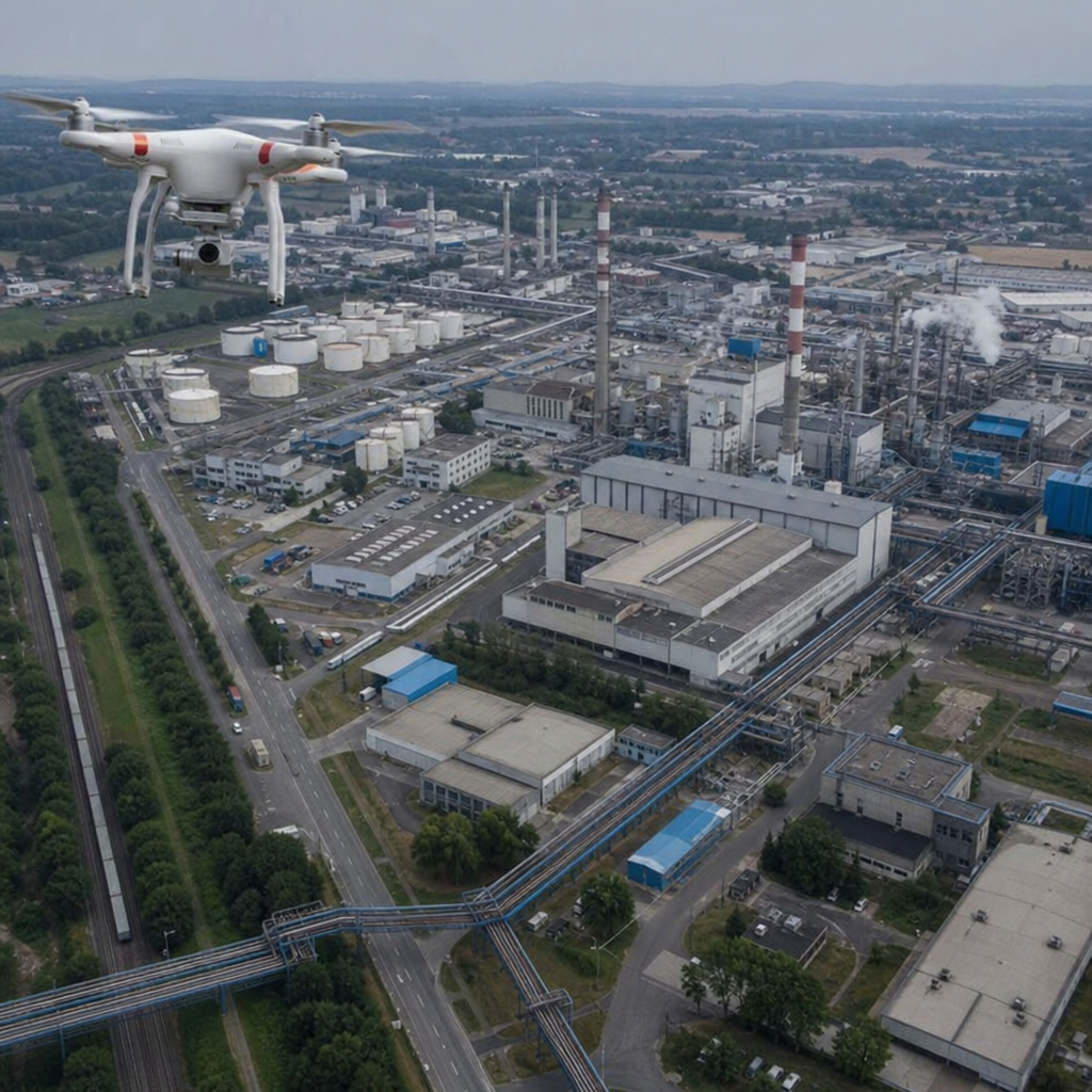 Image of a drone capturing aerial footage over an industrial complex