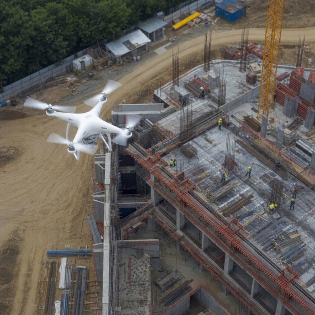 Image of a drone inspecting a construction site from above
