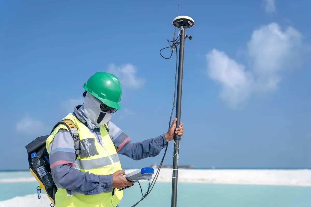 Surveyor using GPS equipment for land measurement outdoors under a clear sky
